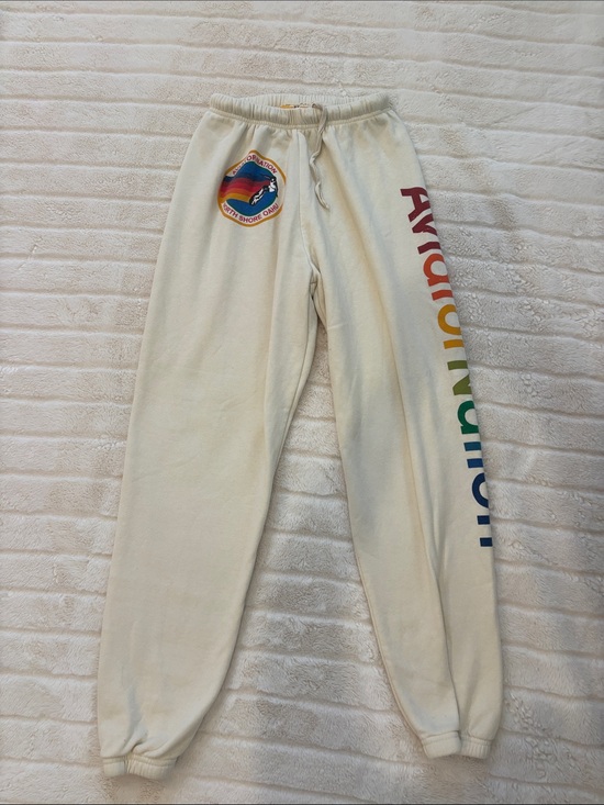 Aviator Nation Pants - Aviator Nation Cream Sweatpants with Rainbow Logo and Side Lettering